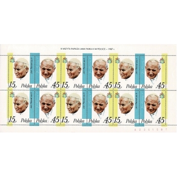 Arkusik 2951 -2952 III wizyta papieża Jana Pawła II w Polsce- arkusz numerowany