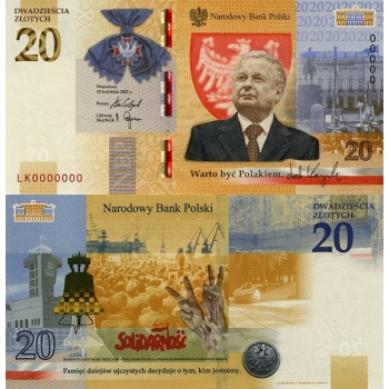 Banknot kolekcjonerski o nominale 20 zł. Lech Kaczyński. Warto być Polakiem